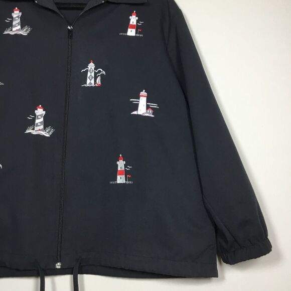 Black jacket with embroidered lighthouses drawstring waist zipper front size L - Picture 3 of 9